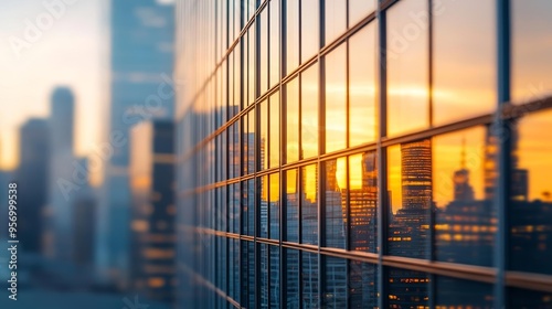 Downtown skyscrapers with golden reflections, close-up, modern glass facades, sunset city vibes, urban elegance