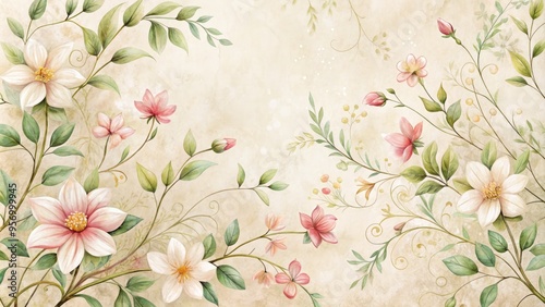 Delicate, hand-drawn blossoms and vines dance across a soft, creamy background, blending subtle texture and whimsical charm in a beautiful, ornate floral illustration.