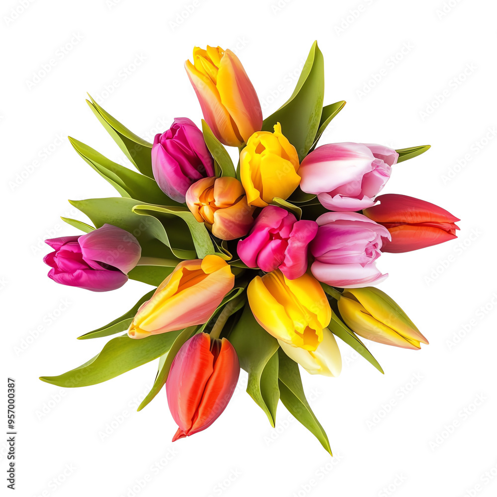 Vibrant bouquet of multi-colored tulips in full bloom, showcasing a beautiful mix of pink, yellow, orange, and purple flowers against green leaves. Vibrant bouquet of multi-colored tulips in full bloom, showcasing a beautiful mix of pink, yellow, orange, and purple flowers against green leaves.