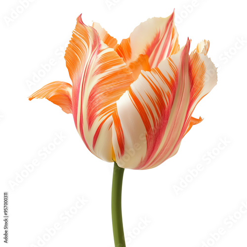 Close-up of a beautiful tulip with orange and white petals on a white background, showcasing nature's delicate beauty.