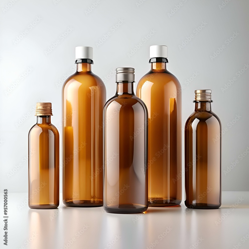 A set of five amber glass bottles with different size caps. isolated on a white background. A set of five amber glass bottles with different size caps. isolated on a white background.