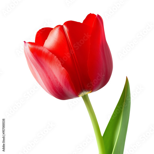 A close-up of a single vibrant red tulip with green leaves, isolated on a white background, showcasing its natural beauty and fresh appeal.