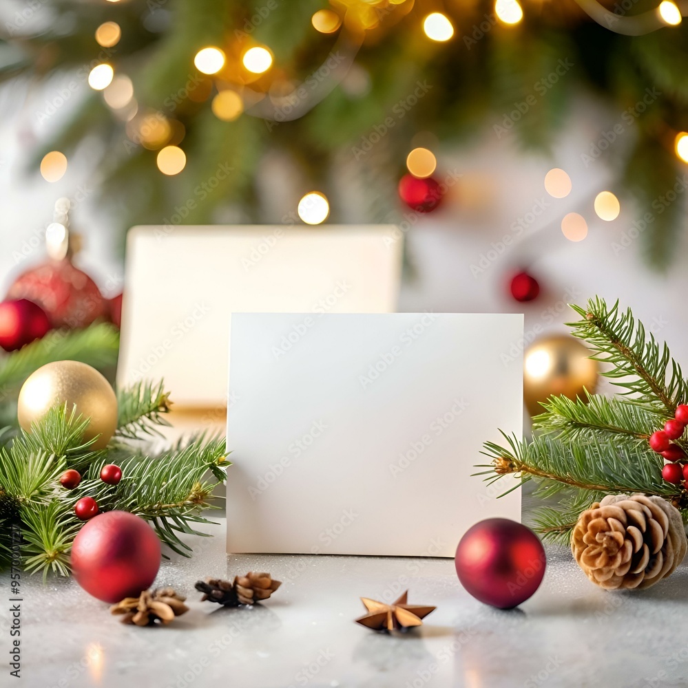 Obraz premium A blank card mockup featuring a festive Christmas tree branch. ornaments. and a blurred background of twinkling lights.