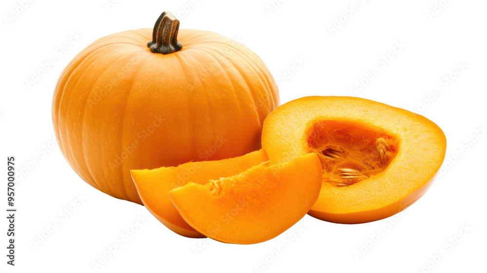 Obraz premium Fresh orange pumpkin with slices showcasing its vibrant color and texture 