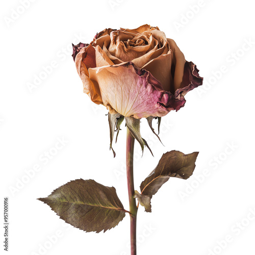 Detailed close-up of a wilting rose with brown petals and green leaves, capturing the beauty in decay against a white background.