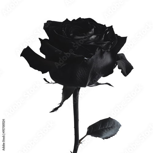 Stunning black rose detailed with delicate petals, isolated on white background, symbolizing elegance, mystery, and unique beauty.