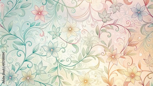Wallpaper Mural Delicate, hand-drawn floral pattern in soft pastel hues on a subtle gradient background, ornate with intricate lines and swirling tendrils, ideal for designs and textures. Torontodigital.ca