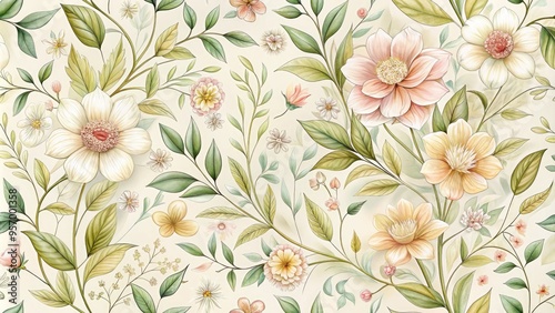 Delicate, hand-drawn florals in soft pastel hues adorn a whimsical border, featuring intricate vines and blossoms on a creamy white background.