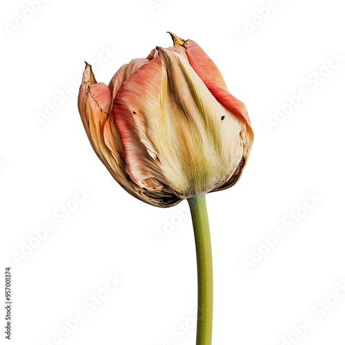 Close-up of a withered tulip flower with dried petals, isolated on a white background. Represents decay and the passage of time. photo