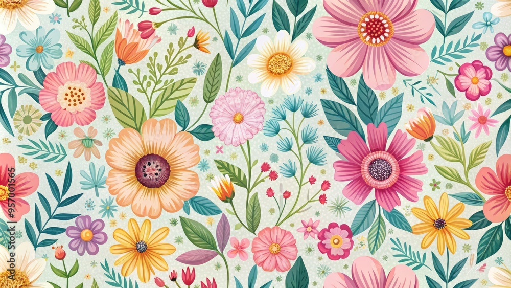 Delicate, hand-drawn flowers bloom in a vibrant, seamless repeat pattern, perfect for wallpapers, fabrics, and designs requiring a soft, romantic, and whimsical vector art background. Delicate, hand-drawn flowers bloom in a vibrant, seamless repeat pattern, perfect for wallpapers, fabrics, and designs requiring a soft, romantic, and whimsical vector art background.