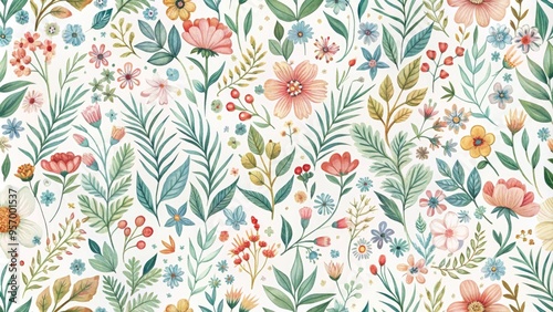 Delicate, hand-drawn flowers and foliage swirl together in a seamless, repeatable pattern on a soft, white canvas background, perfect for textiles, wallpapers, and designs.