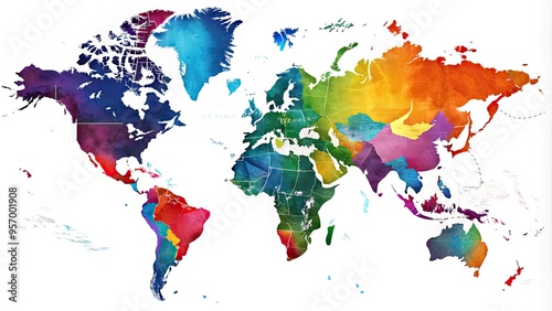 Stunning digital illustration of the world map highlighting all 50 US states with vibrant colors, precise borders, and subtle shading on a white background.