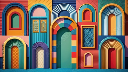 Stunning geometric arches and frames in various shapes and sizes, constructed from bold lines and vibrant colors, forming a stylish and modern vector composition.