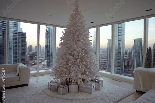 Modern living room with a white Christmas tree and city view photo