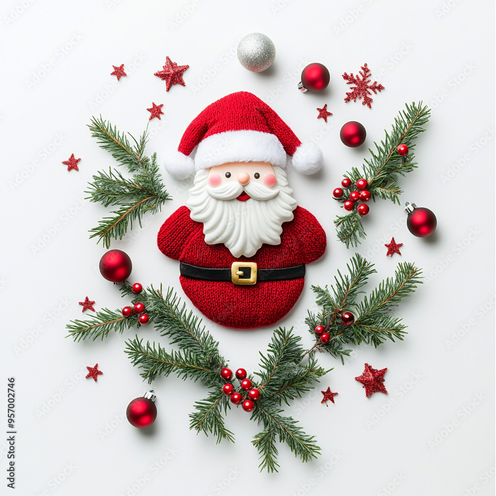 Square xmas christmas holiday banner or button. Santa Claus surrounded by tree branches and decoration. White background. Square xmas christmas holiday banner or button. Santa Claus surrounded by tree branches and decoration. White background.