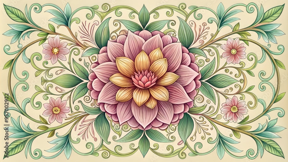Delicate hand-drawn vector illustration of a blooming flower surrounded by ornate border, featuring intricate lines and curves in a mix of bold and pastel colors. Delicate hand-drawn vector illustration of a blooming flower surrounded by ornate border, featuring intricate lines and curves in a mix of bold and pastel colors.