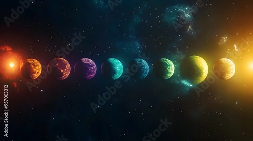 Planetary Alignment: The planets of the solar system aligned in a straight line, each one glowing with its unique color against the dark backdrop of space. 
 photo