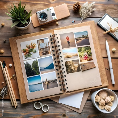 A vintage photo album open on a wooden table. showcasing a collection of heartwarming memories. photo