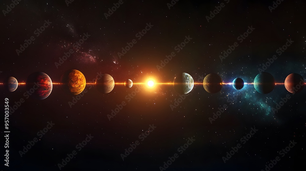 Fototapeta premium Planetary Alignment: The planets of the solar system aligned in a straight line, each one glowing with its unique color against the dark backdrop of space. 