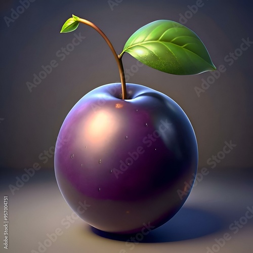 A single. shiny. 3D rendered damson plum with a single leaf. photo