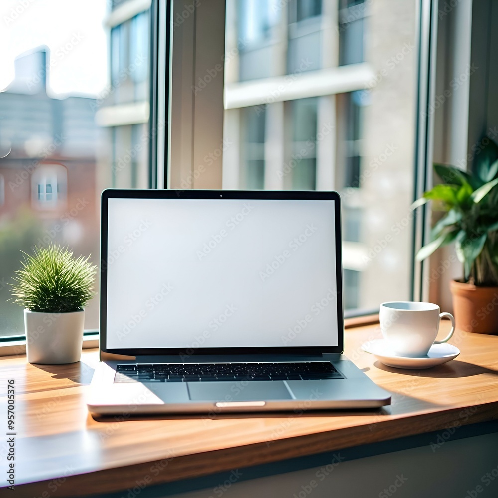 A clean and minimalist workspace featuring a laptop with a blank screen. a cup of coffee. and a potted plant. A clean and minimalist workspace featuring a laptop with a blank screen. a cup of coffee. and a potted plant.