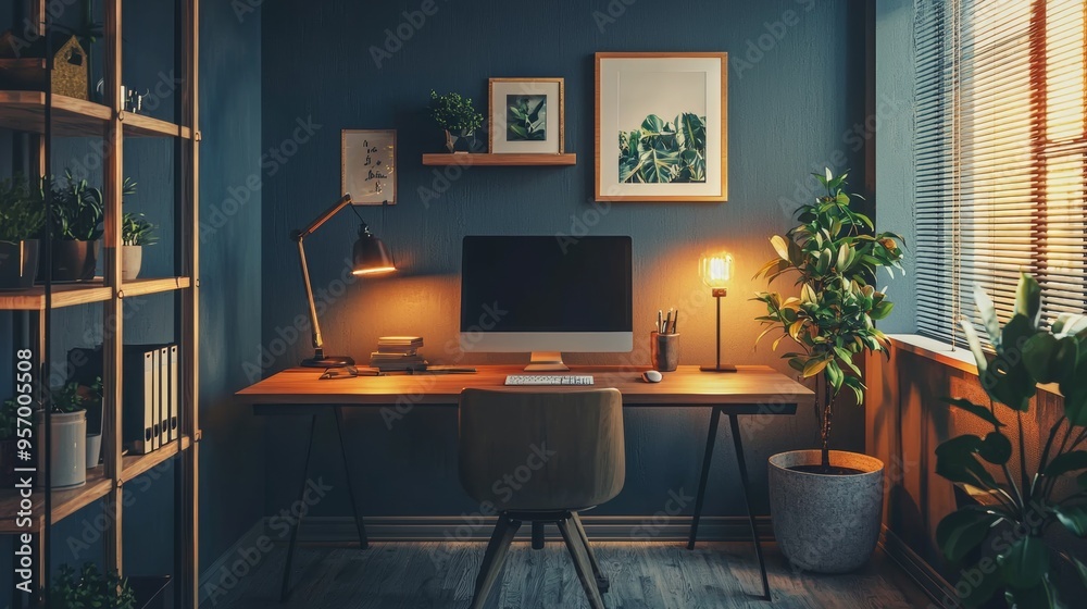 custom made wallpaper toronto digitalElegant office design featuring a high-end computer on a dark desk, with warm, soft lighting.