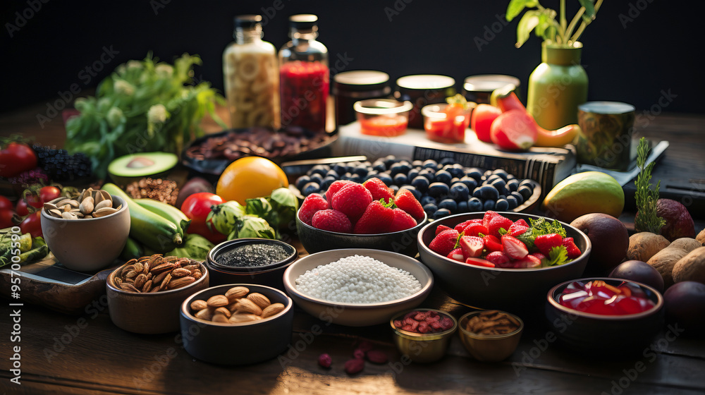 A vibrant assortment of fresh fruits, nuts, vegetables, and healthy ingredients beautifully arranged on a wooden table. A vibrant assortment of fresh fruits, nuts, vegetables, and healthy ingredients beautifully arranged on a wooden table.
