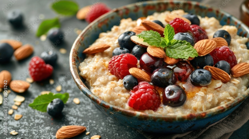 Freshly prepared homemade oatmeal porridge topped with an assortment of vibrant berries crunchy nuts and fragrant mint leaves Freshly prepared homemade oatmeal porridge topped with an assortment of vibrant berries crunchy nuts and fragrant mint leaves