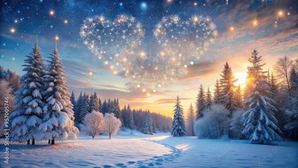 Φωτογραφία Delicate heart-shaped snowflakes gently fall onto a frozen winter wonderland scene, capturing the magic and romance of a serene snow-covered forest landscape at dusk