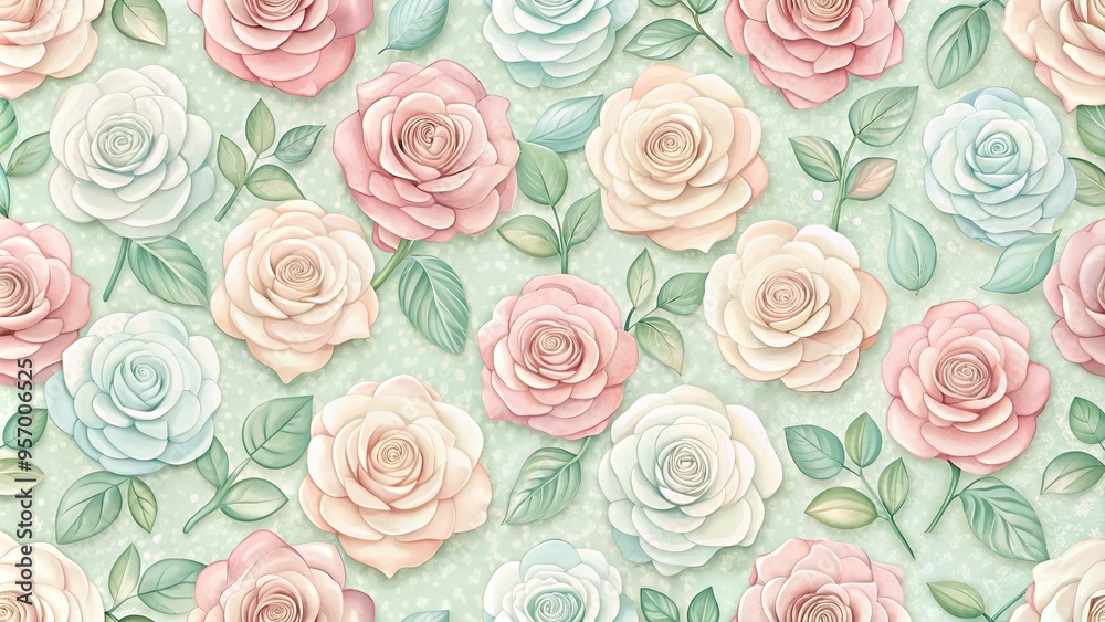 Delicate, interlocking rose motifs in soft pastel hues create a whimsical, vintage-inspired pattern perfect for elegant gift wrapping, stationery, and other paper craft applications. Delicate, interlocking rose motifs in soft pastel hues create a whimsical, vintage-inspired pattern perfect for elegant gift wrapping, stationery, and other paper craft applications.