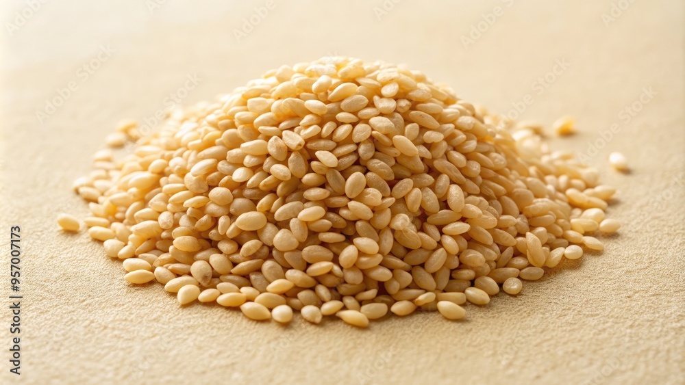 Delicate, intricate details of a single sesame seed magnified, showcasing its textured surface and small ridges, set against a clean, subtle, cream-colored background. Delicate, intricate details of a single sesame seed magnified, showcasing its textured surface and small ridges, set against a clean, subtle, cream-colored background.