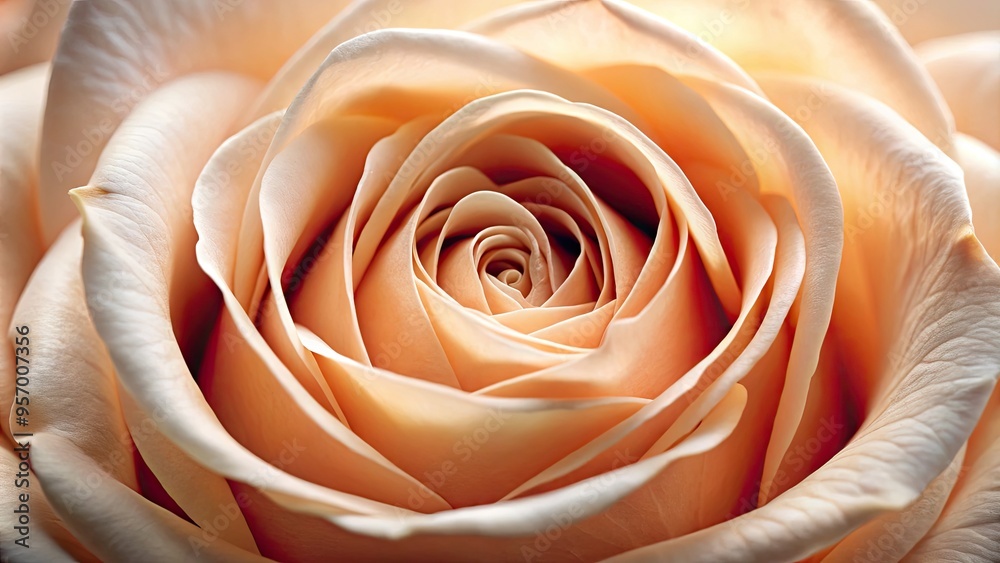 Obraz premium Delicate, intricate details of a velvety soft peach-colored rose petal are magnified, showcasing tender texture and subtle ridges in a shallow depth of field.