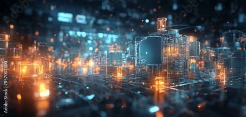 Wallpaper Mural futuristic city with glowing lights and blue background Torontodigital.ca