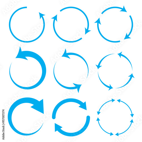Circle arrows icon set. Round reload sign, repeat icon, refresh icon, rotate arrow icon sign and symbol, Vector illustration. blue circlr arrow set.