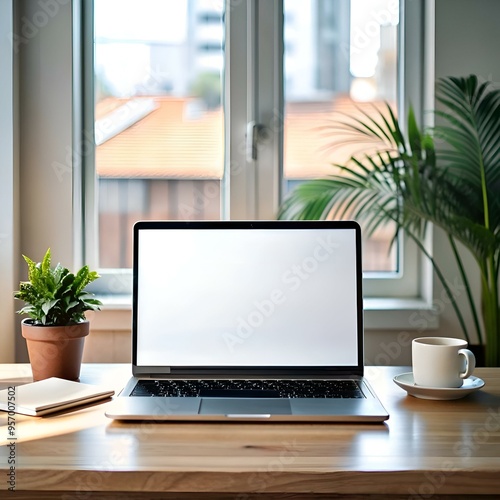 A laptop with a blank screen sits on a wooden desk in a home office setting.