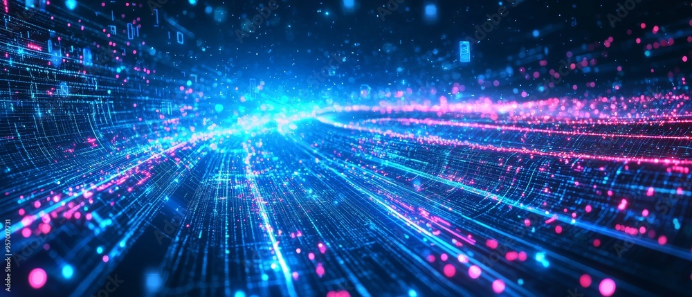Naklejka premium Flowing neon data lines and particles in a cool blue digital environment, representing advanced technology.