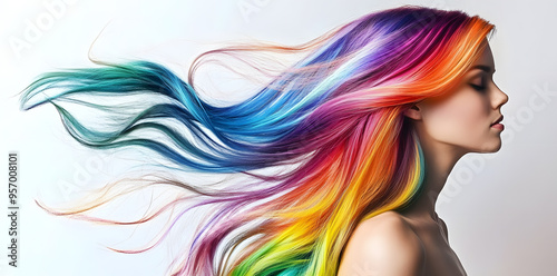 Portrait of young woman with multicolored rainbow-colored hairstyle isolated on background, fashion photo