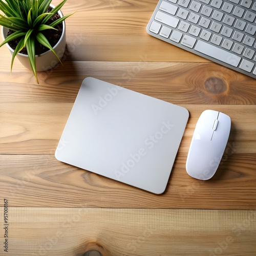Top view of a clean. minimalist workspace with a white mouse. keyboard. and mousepad on a wooden desk.