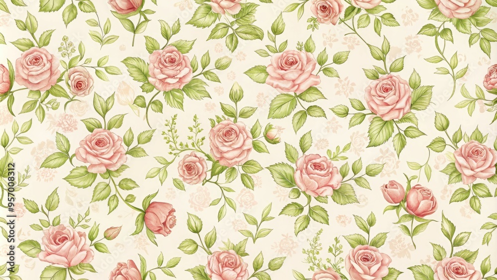 Delicate, intricately drawn rose pattern in soft pink and green hues on a cream background, perfect for adding a touch of elegance to scrapbook pages. Delicate, intricately drawn rose pattern in soft pink and green hues on a cream background, perfect for adding a touch of elegance to scrapbook pages.