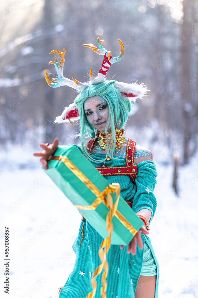 Christmas deer girl looking for gifts for Santa in winter in the forest Christmas deer girl looking for gifts for Santa in winter in the forest