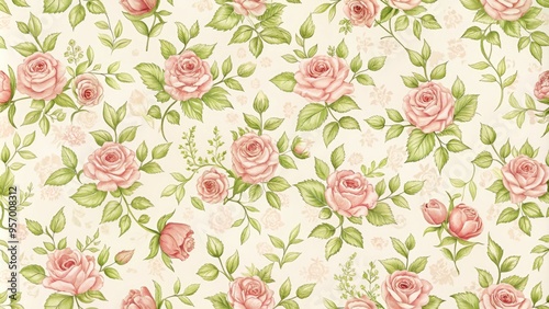 Delicate, intricately drawn rose pattern in soft pink and green hues on a cream background, perfect for adding a touch of elegance to scrapbook pages.