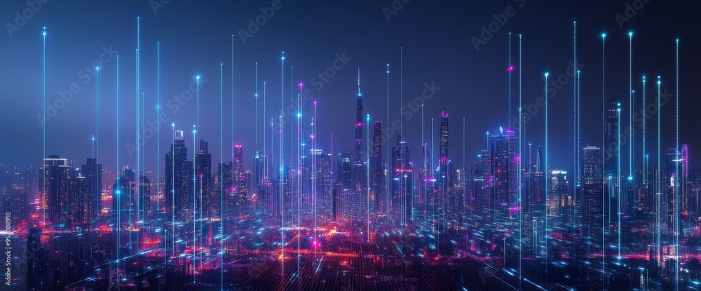 Futuristic cityscape with glowing lines and data points, representing digital innovation in urban design. Skyline view at night, with vibrant colors in a wide-angle shot. Futuristic cityscape with glowing lines and data points, representing digital innovation in urban design. Skyline view at night, with vibrant colors in a wide-angle shot.