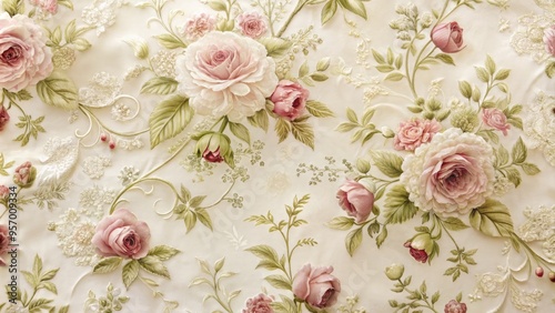 Delicate, intricately patterned rose motifs adorn a soft, creamy white textile, evoking Victorian elegance and subtle sophistication in a beautifully rendered, high-resolution image.