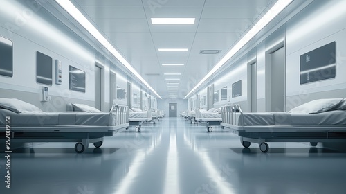 An empty hospital corridor with sleek beds lined up along the walls, the atmosphere quiet and sterile.