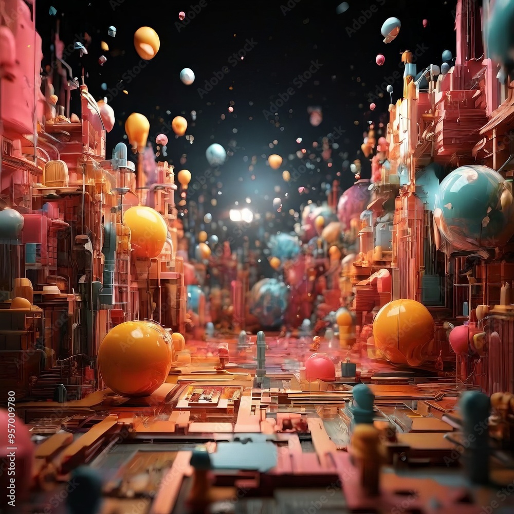 Obraz premium city with lots colorful balloons floating in the air