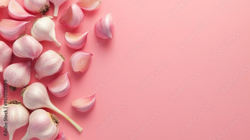 Fresh garlic cloves on pink background Close-up of fresh garlic bulbs and cloves scattered on a pink background, showcasing their vibrant colors and texture. Fresh garlic cloves on pink background Close-up of fresh garlic bulbs and cloves scattered on a pink background, showcasing their vibrant colors and texture.