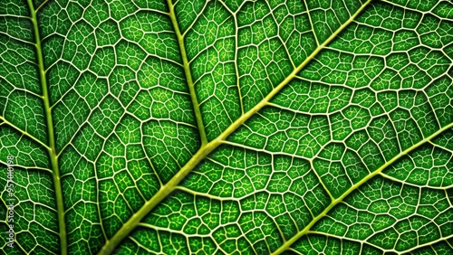 Delicate, intricate network of veins in a vibrant green leaf, showcasing nature's masterpiece of patterns, textures, and colors in stunning microscopic detail.