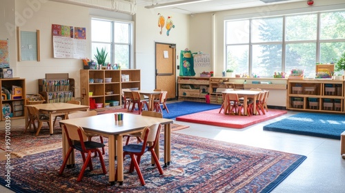 An inviting classroom setup with low wooden tables, colorful chairs, and a mix of carpets and mats on the floor. photo