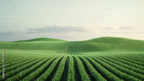 Lush green agricultural field with neat rows of crops, under a clear sky. Ideal for farming and nature themes.