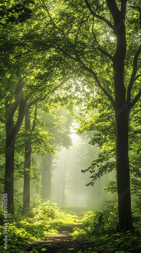 Naklejka premium Sunbeams break through the trees in a misty forest creating a magical atmosphere, highlighting the path ahead.